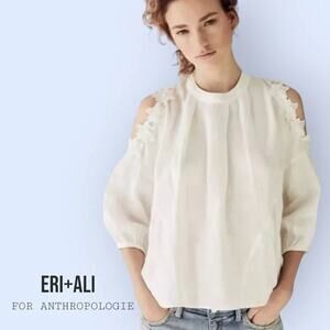 eri + ali Anthropologie 100% Linen Cold Shoulder Lace Detail White Blouse